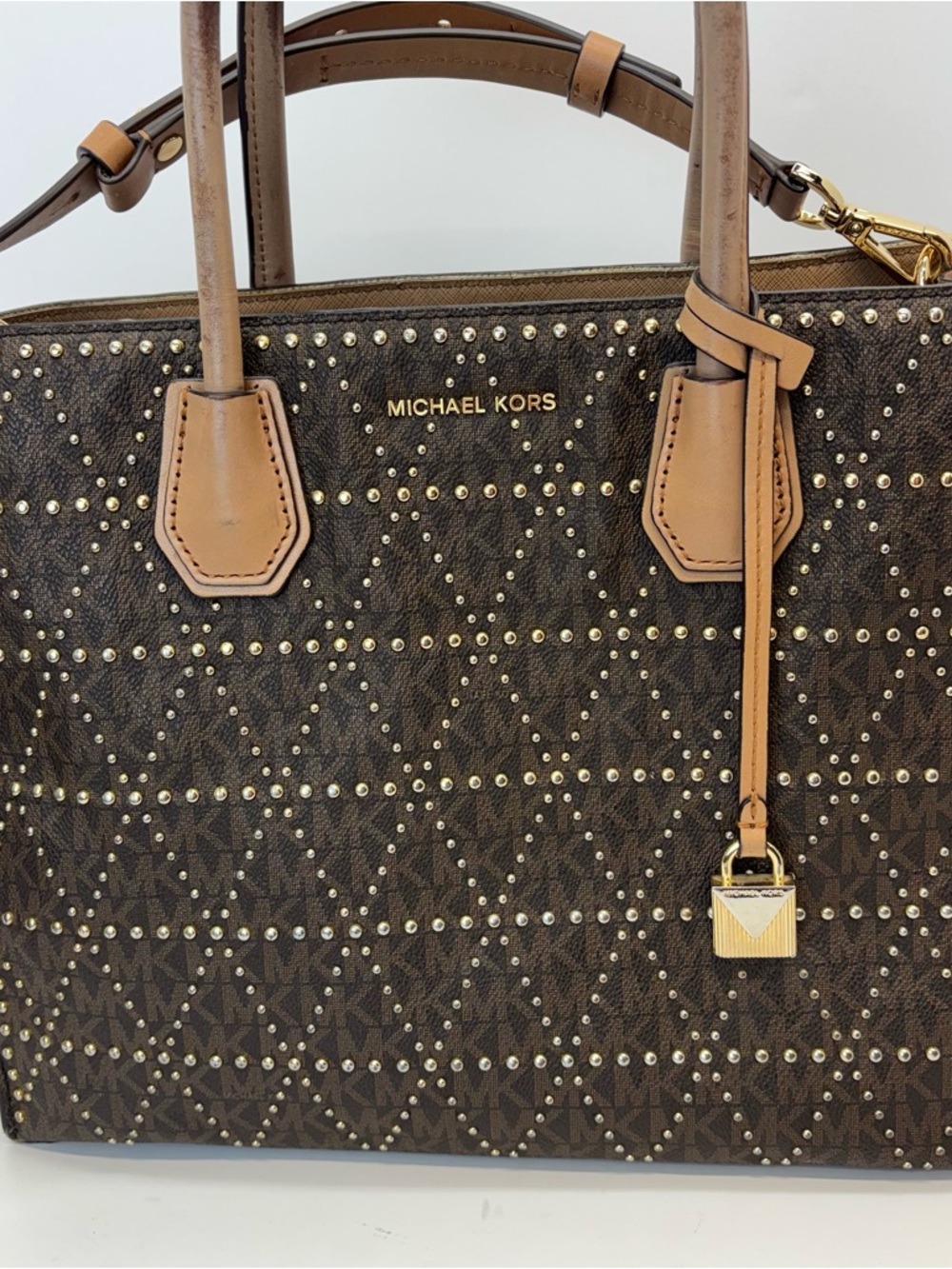 Michael Kors Logo Leather Mercer Stud & Grommet LG Tote Bag Purse Brown MK - Picture 2 of 8